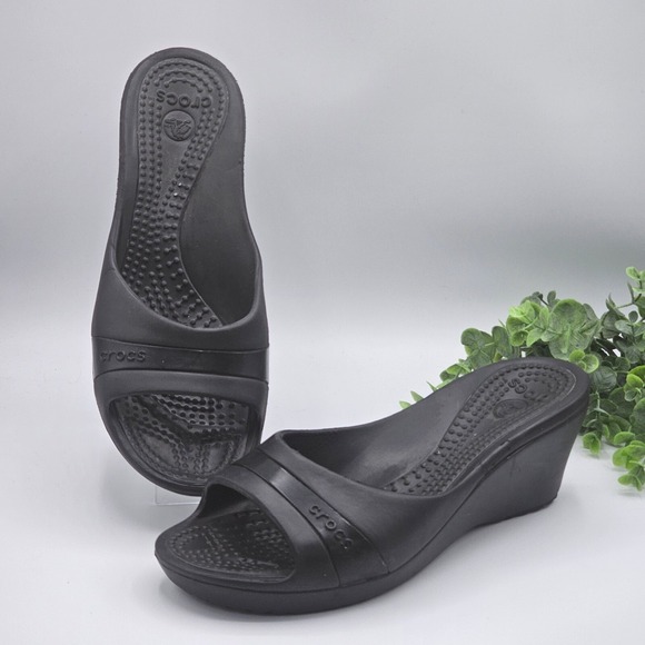 Crocs Wedge Kadee Slide Sandal Comfort Black Slip On Casual Shoes Womens Size 11 - Picture 1 of 7